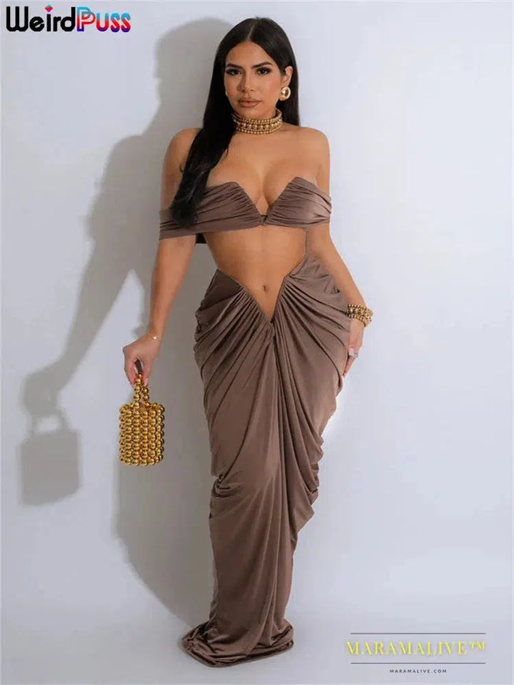 Ruched Solid Women 2Piece Set Slash Neck Off Shoulder Mini Vest+Peach Hip Long Skirt Hottie Clubwear Matching Outfits