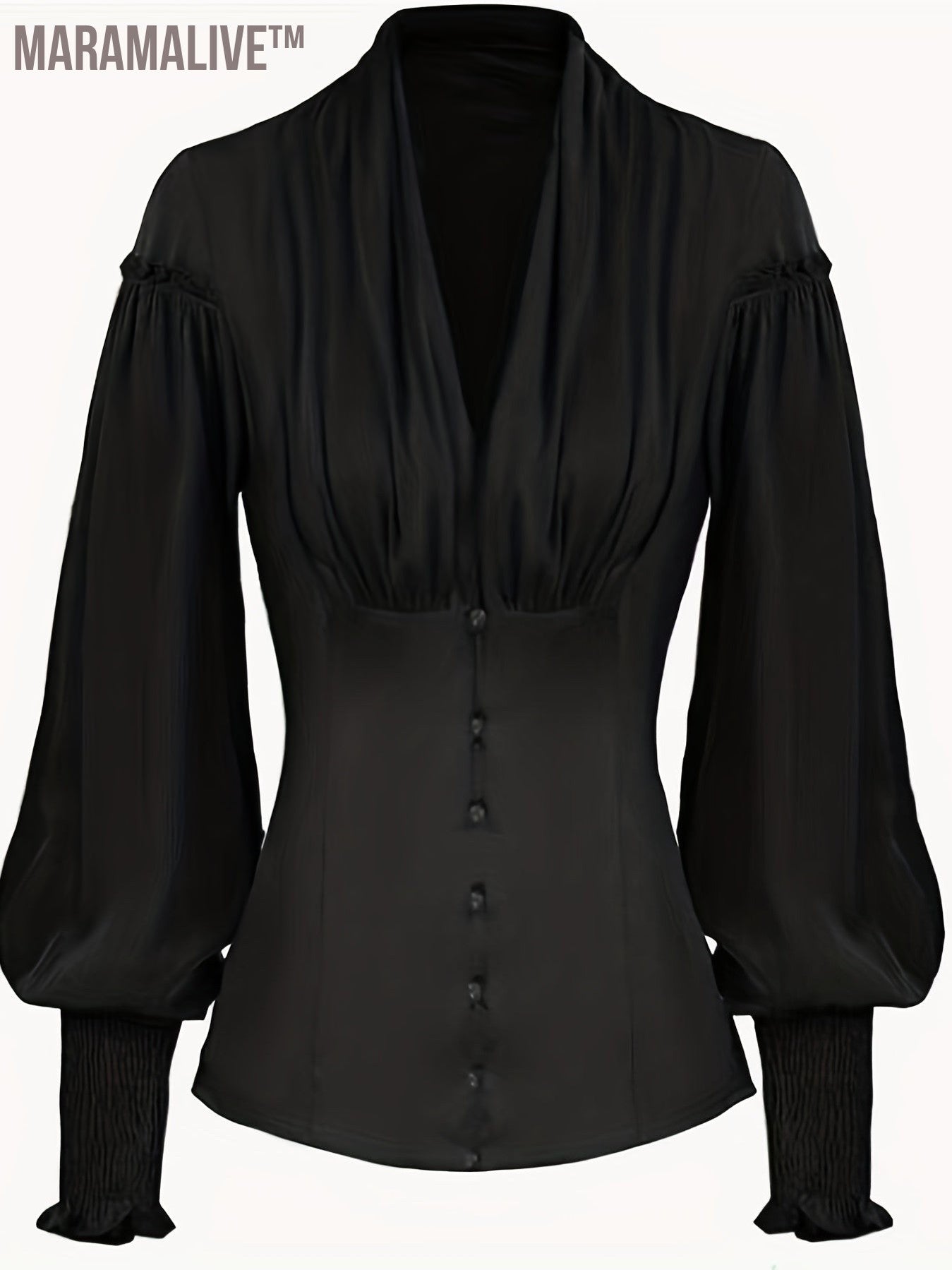 Ruched V Neck Tunic Blouse, Stylish Shirred Lantern Sleeve Victorian Blouse, Women's Clothing