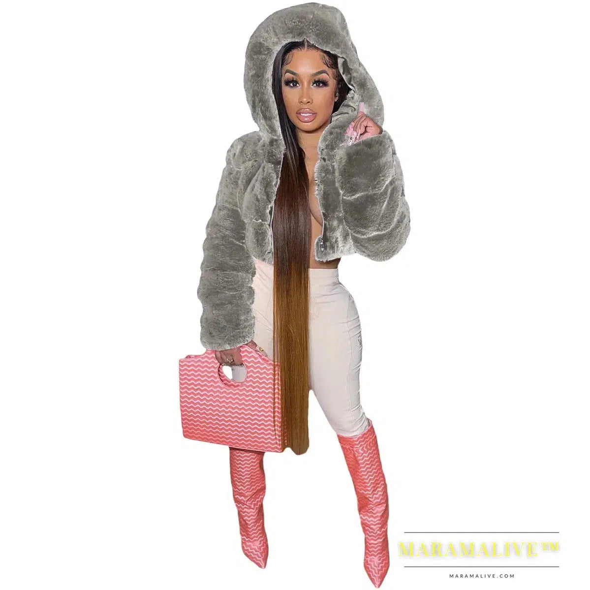 S-2XL Hooded Coats Women Winter Top Fashion Pink FAUX Fur Coat Elegant Thick Warm Outerwear Fake Fur Woman Jacket