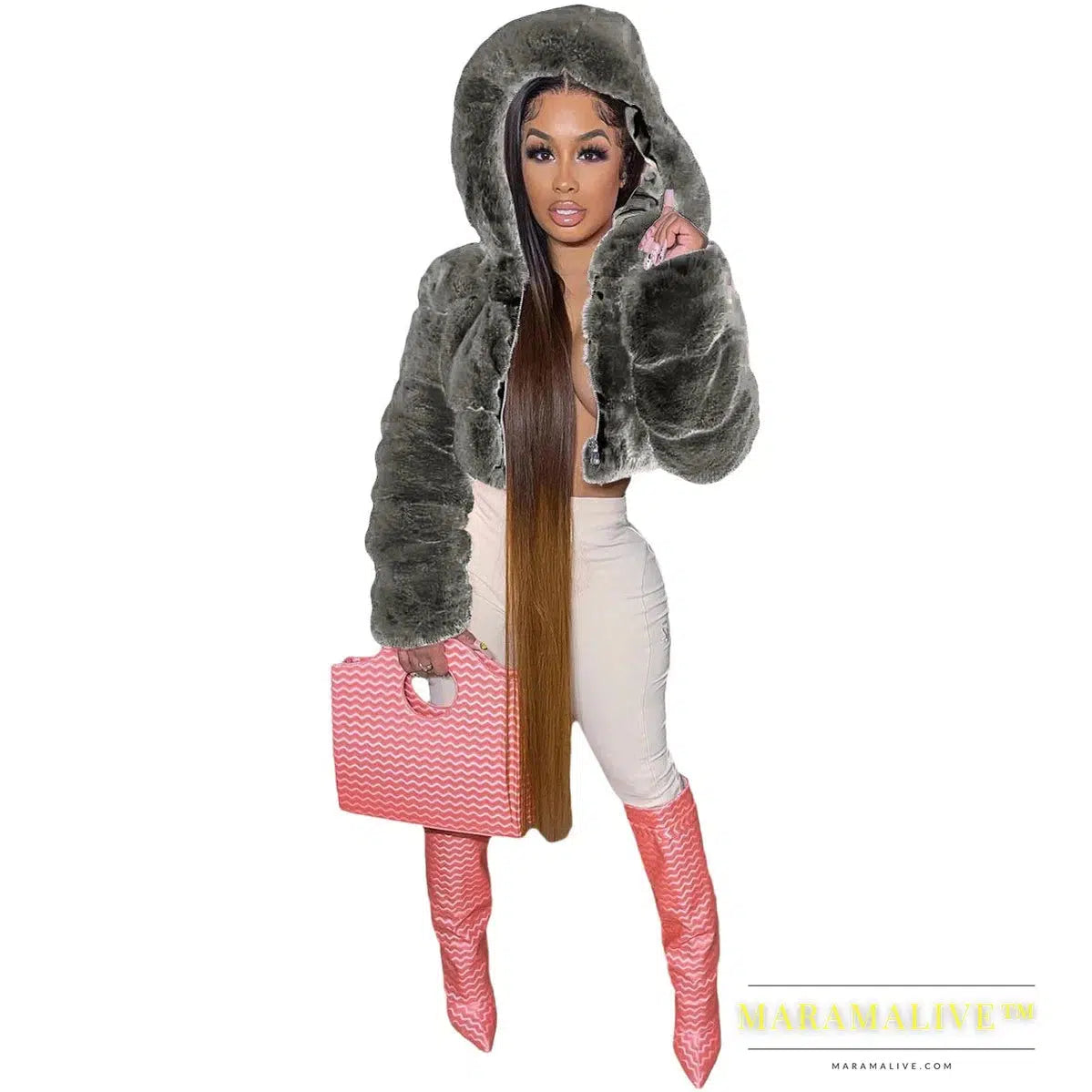 S-2XL Hooded Coats Women Winter Top Fashion Pink FAUX Fur Coat Elegant Thick Warm Outerwear Fake Fur Woman Jacket