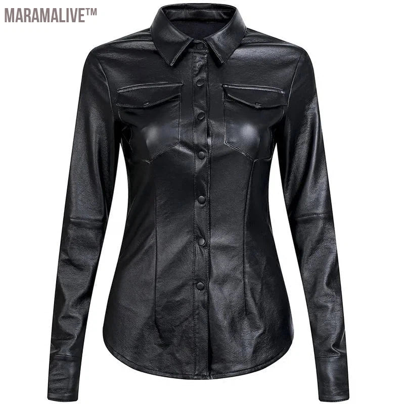 S-4XL Women Faux Leather Shirt Long Sleeve Ladies Plus Velvet Blouses Women Streetwear Motorcycle Leather Shirts Black Tops C367