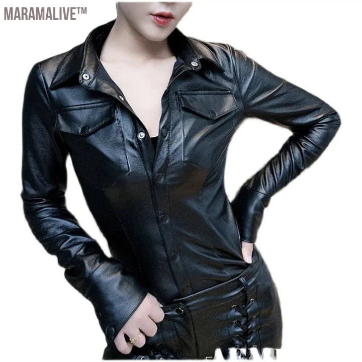 S-4XL Women Faux Leather Shirt Long Sleeve Ladies Plus Velvet Blouses Women Streetwear Motorcycle Leather Shirts Black Tops C367