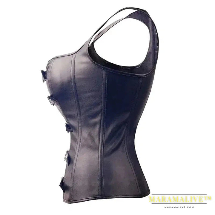 S-6XL 2024 Black Faux Leather Buckle Gothic Women Plus Size Corset Top Steam Punk Women Bustier Back Lacing Cincher PU Corselet