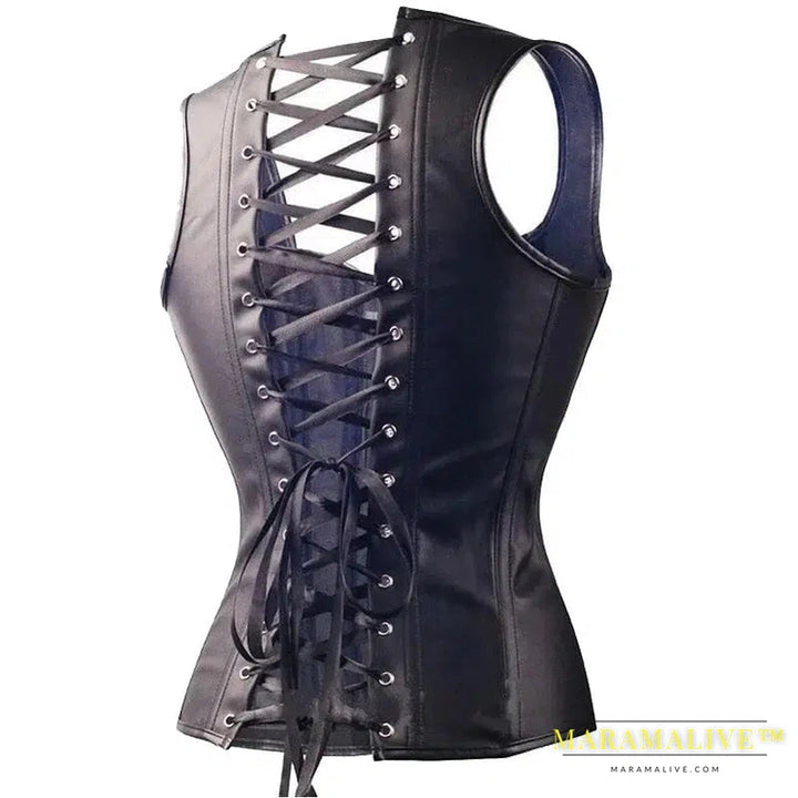 S-6XL 2024 Black Faux Leather Buckle Gothic Women Plus Size Corset Top Steam Punk Women Bustier Back Lacing Cincher PU Corselet