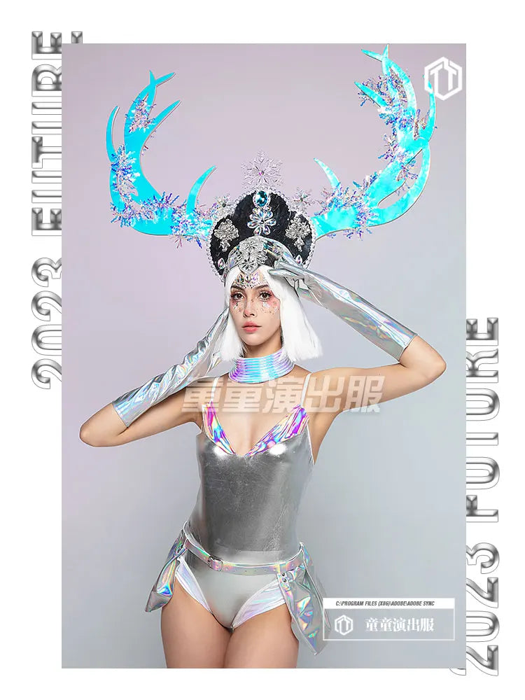 Cosplay Anime Antler costume Silver Sling Glove girl battle suit Drag Costumes Show Party  Drag Queen Club Special Ocassion rave