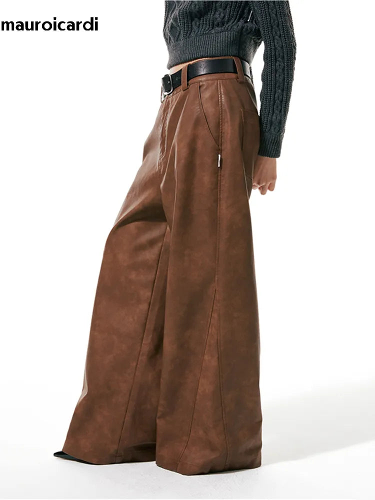Long Loose Casual Brown Pu Leather Pants Men Wide Leg LUxury Designer Unisex Trousers Fashions 2023