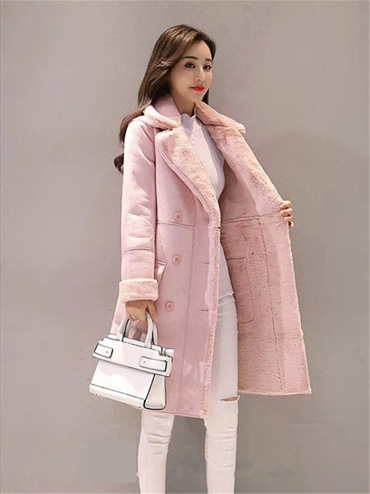 Light Pink Lamb Fur Long Woolen Coat Thickened Cashmere Long Sleeve Loose Fit Women Fashion Tide Winter