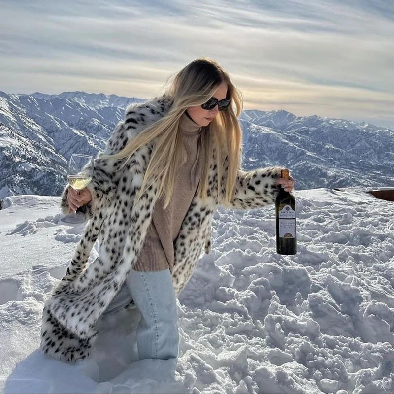 Exclusive Winter Long Belted Leopard Faux Fox Fur Coat Women Overcoats Ladies Stylish Street Fashion Fluffy Fox Fur Jacket
