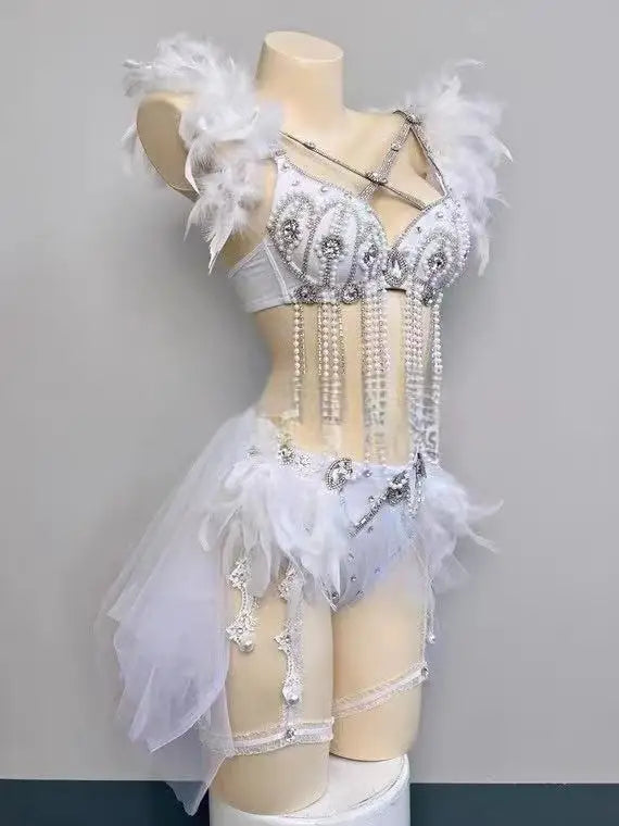 Luxury Shiny Pearl Tassel Chain Feather Bikini Set Bra+Shorts Sexy Set Nightclub Bar Female Singer Stage Dance Festival Outfit