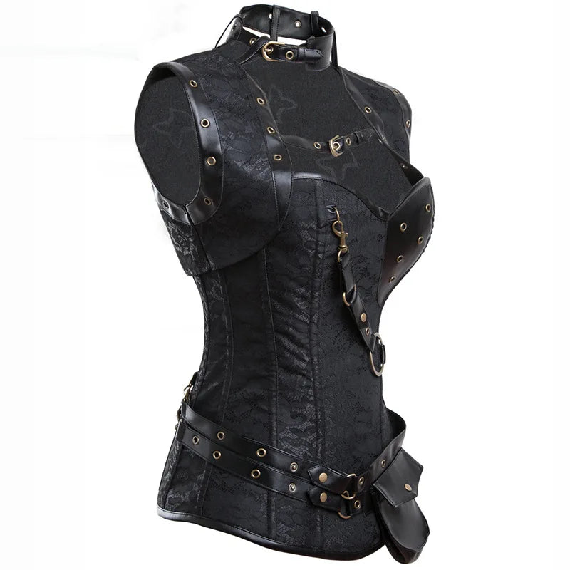 A black leather corset with lace details, metal buckles, and a matching collar is displayed on a mannequin. This stunning Maramalive™ Retro Jacquard Floral Corsets Top Steampunk Women Sexy Goth Corset Overbust Gothic Bustier Bodice Femme Punk Clothing Plus Size features 14 plastic bones for added support, decorative straps, and a belt that completes the edgy look.