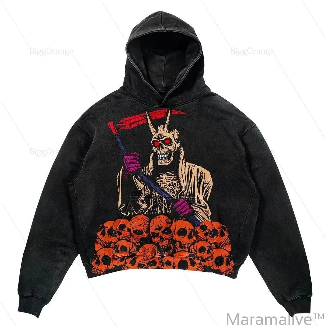 Explosions Printed Skull Y2K Retro Hooded Sweater Coat Street Style Gothic Casual Fashion Hooded Sweater Men's Female