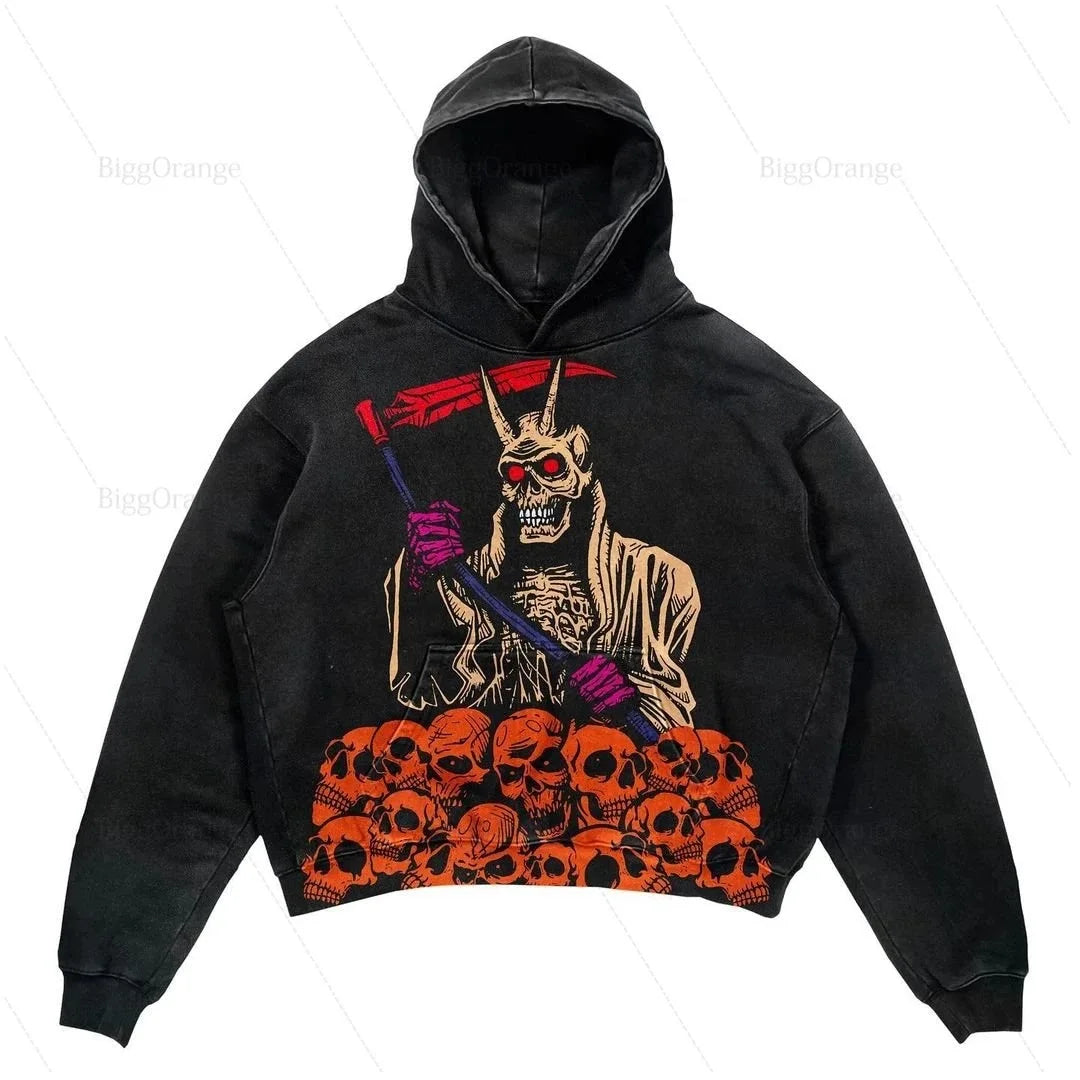 Black hooded sweatshirt featuring a graphic of a skeleton holding a red scythe, with red and orange skulls at the bottom. Perfect for fans of print skull hoodies, this Explosions Printed Skull Y2K Retro Hooded Sweater Coat Street Style Gothic Casual Fashion Hooded Sweater Men's Female by Maramalive™ combines dark, edgy aesthetics with vibrant colors to make a bold statement.