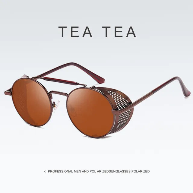 Steampunk round sunglasses, gold, brown, vintage-inspired.