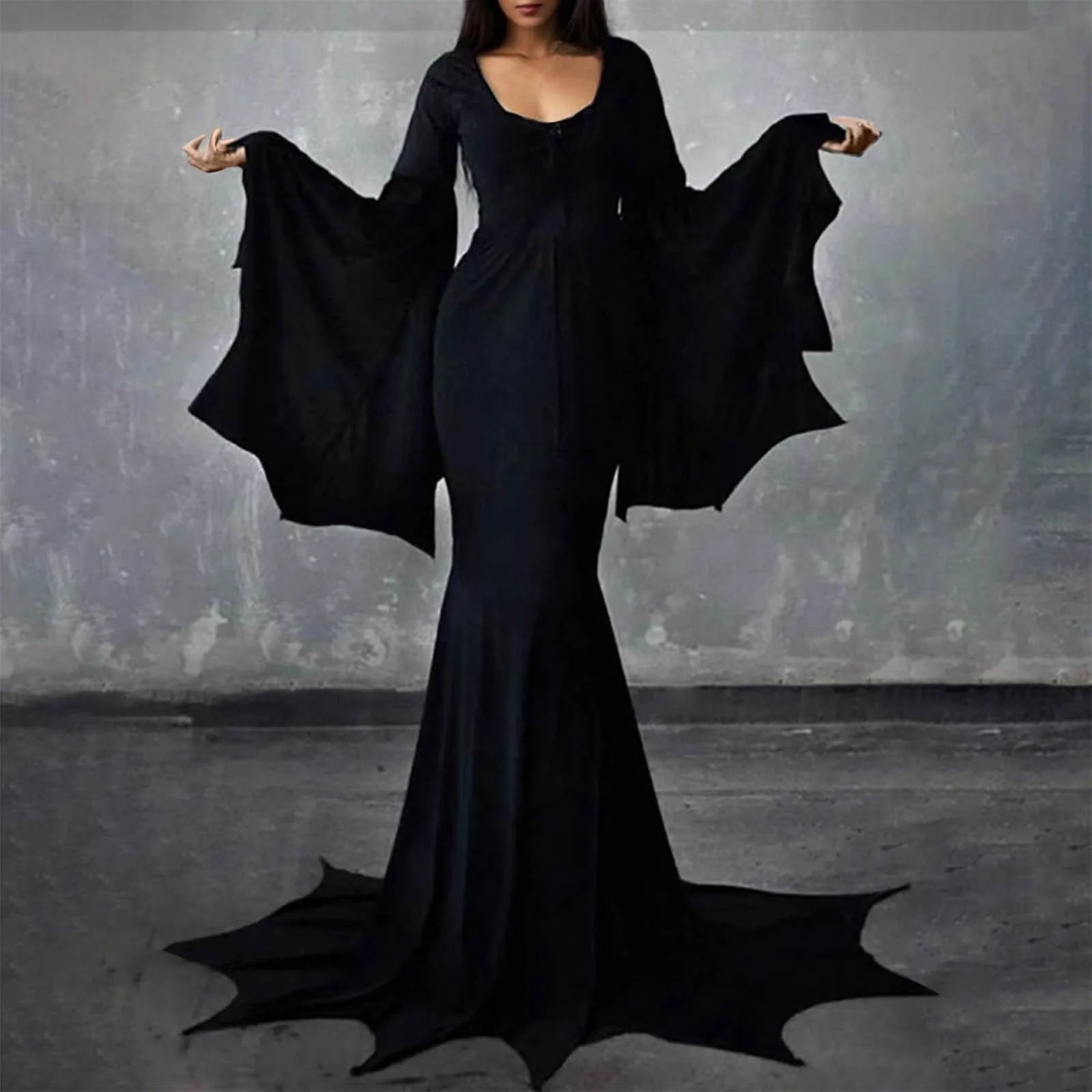 Witchy Costume Morticia Addams Wednesday Train Floor Dress Women Halloween Witch Dark Outfit Gothic Gown Robe Horror For Adult