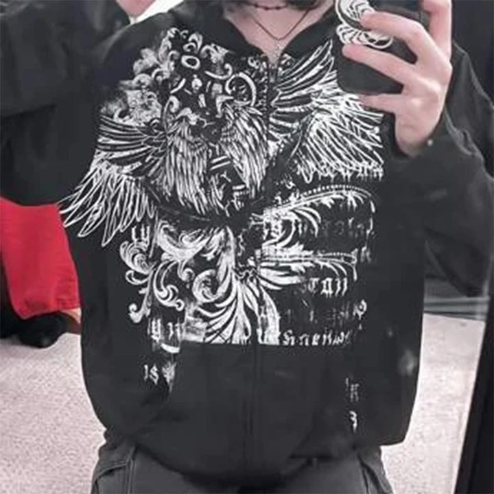 Person taking a mirror selfie while wearing the Maramalive™ E-girl Gothic Dark Academia Sweatshirts Grunge Punk Letter Wings Graphic Zip Up Hoodie Y2K Aesthetic Mall Goth Coat.
