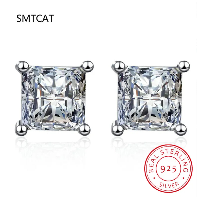 Princess Cut 2CT Diamond Test Passed Moissanite Rhodium Plated 925 Silver D Color Moissanite Stud Earrings Jewelry Couple Gift