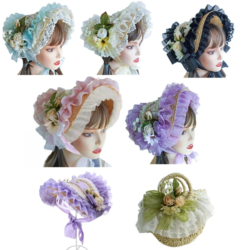 Lace Fascinators For Women Teas Party SunHat Victorian Bonnet Lolit Straw Hat Victorian Headdress Floral Straw Hat