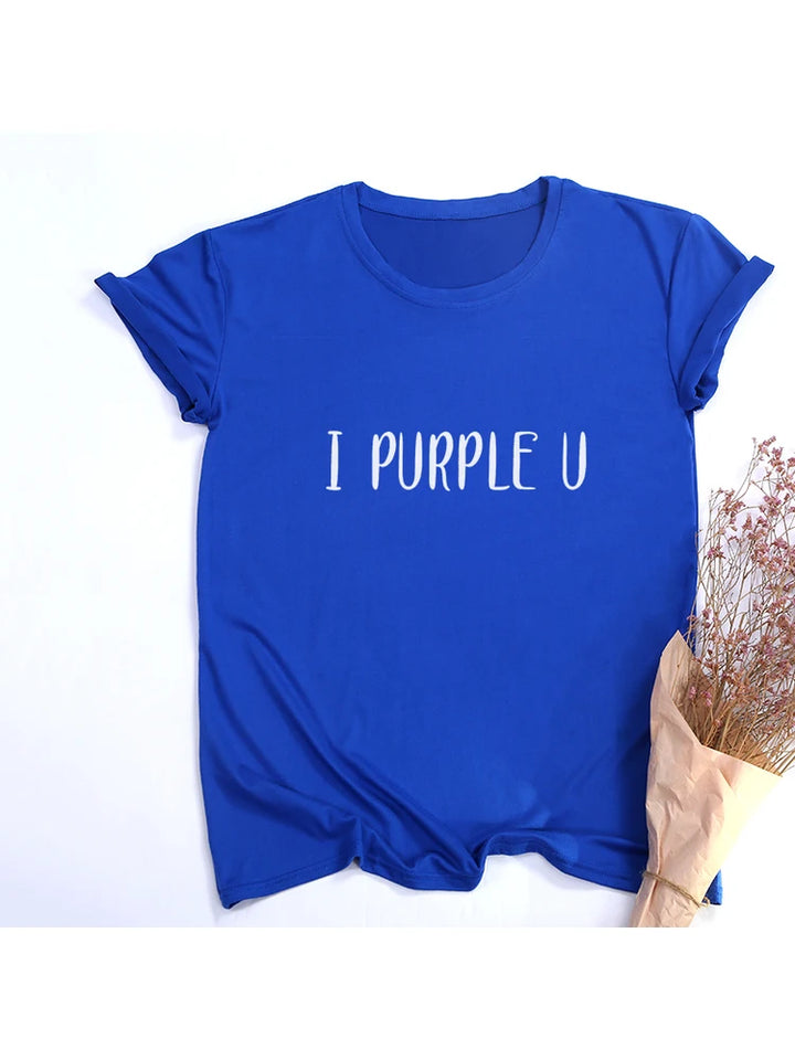Blue T-shirt with white text "I PURPLE U" displayed next to a small bouquet of flowers, perfect for spring/summer. This casual women's tee, the Maramalive™ Female Short Sleeve KPOP I PURPLE U T-shirt Aesthetic High Quality Haut Femme Summer Top Tee Shirt Streetwear Cute Tshirts, is crafted from comfortable polyester broadcloth.