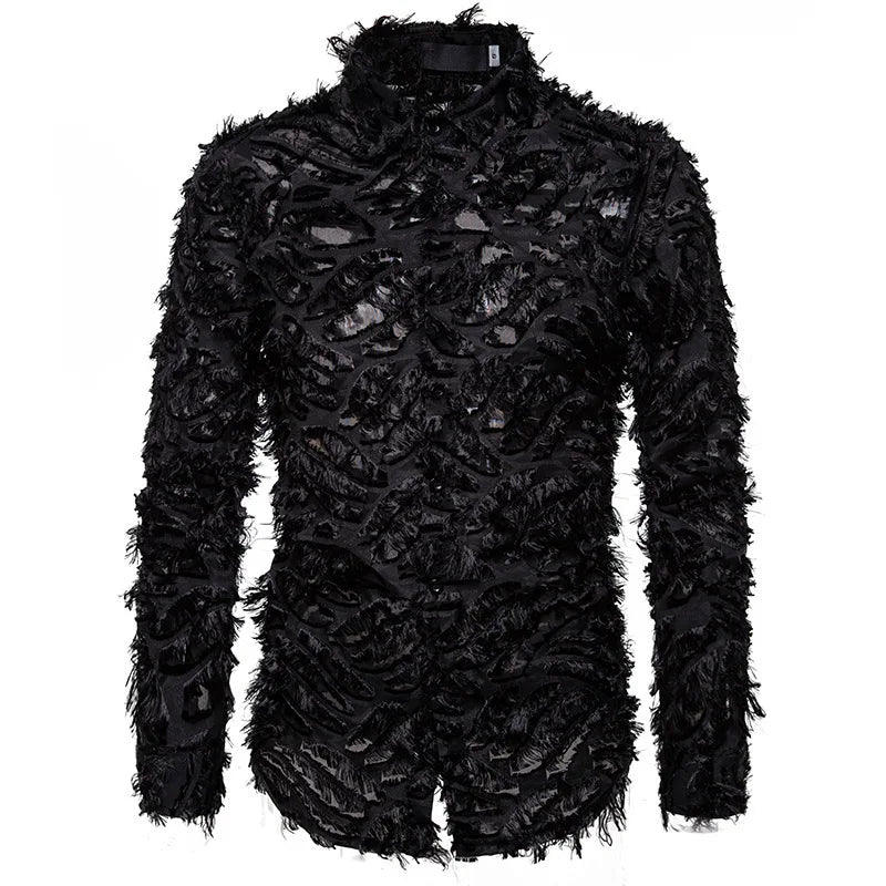 Long-sleeved black shirt with a textured, shredded design throughout, perfect for adding an edge to men's casual shirts. The Maramalive™ New Men's Button Shirt Fashion Menswear Designer Personality Cute Clothes Street Fashion Designer Clothes is crafted from durable polyester fiber.