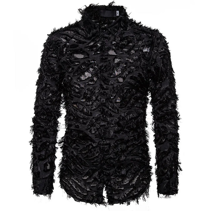 Long-sleeved black shirt with a textured, shredded design throughout, perfect for adding an edge to men's casual shirts. The Maramalive™ New Men's Button Shirt Fashion Menswear Designer Personality Cute Clothes Street Fashion Designer Clothes is crafted from durable polyester fiber.
