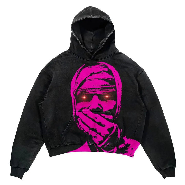 A black hooded sweatshirt featuring a pink graphic of a person with glowing red eyes, covering their mouth with their hand, gives off major *Explosions Printed Skull Y2K Retro Hooded Sweater Coat Street Style Gothic Casual Fashion Hooded Sweater Men's Female* by *Maramalive™* vibes.