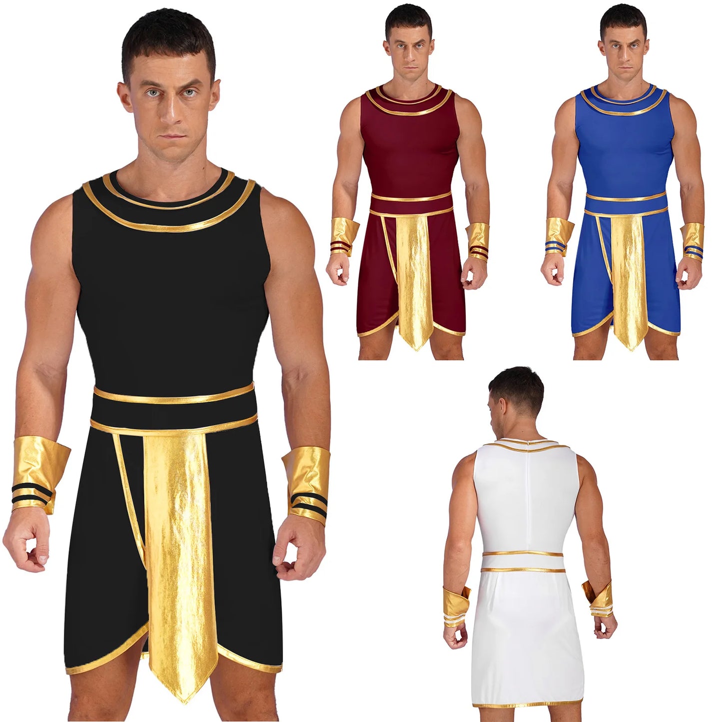 A person models five different colored versions of an ancient Egyptian-inspired costume, perfect for the Maramalive™ Adults Men's Ancient Egypt Costume Halloween Greek Roman Toga Cosplay Dress One Shoulder Strap Suspender Ruffle Skirt Dress Up, featuring a sleeveless tunic with a gold collar and belt. The colors displayed are black, red, blue, gold, and white—ideal for Movie & TV appearances or even medieval-themed events.