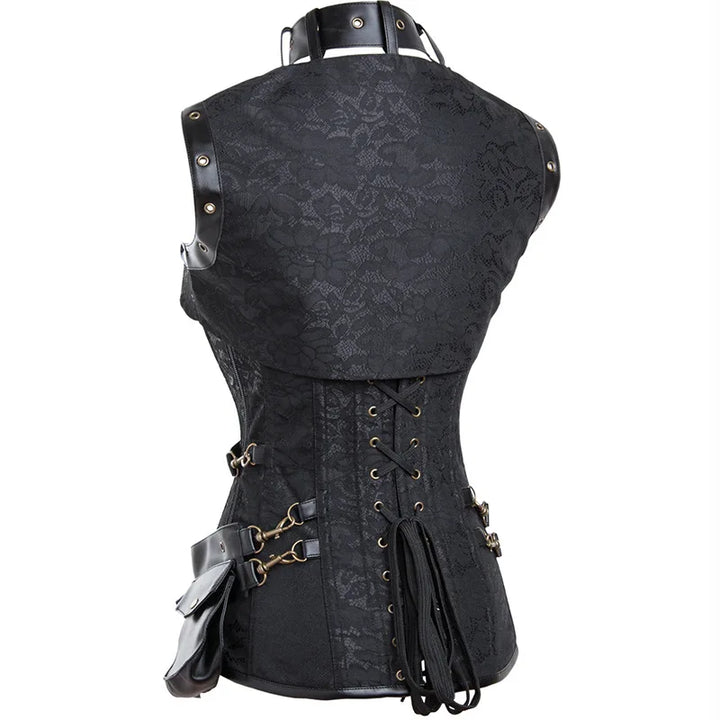 **Retro Jacquard Floral Corsets Top Steampunk Women Sexy Goth Corset Overbust Gothic Bustier Bodice Femme Punk Clothing Plus Size by Maramalive™** with metallic details and an attached belt with pouches, viewed from the back. This stunning piece falls under our Bustiers & Corsets collection, featuring 14 plastic bones for structure and a subtle floral pattern for added elegance.