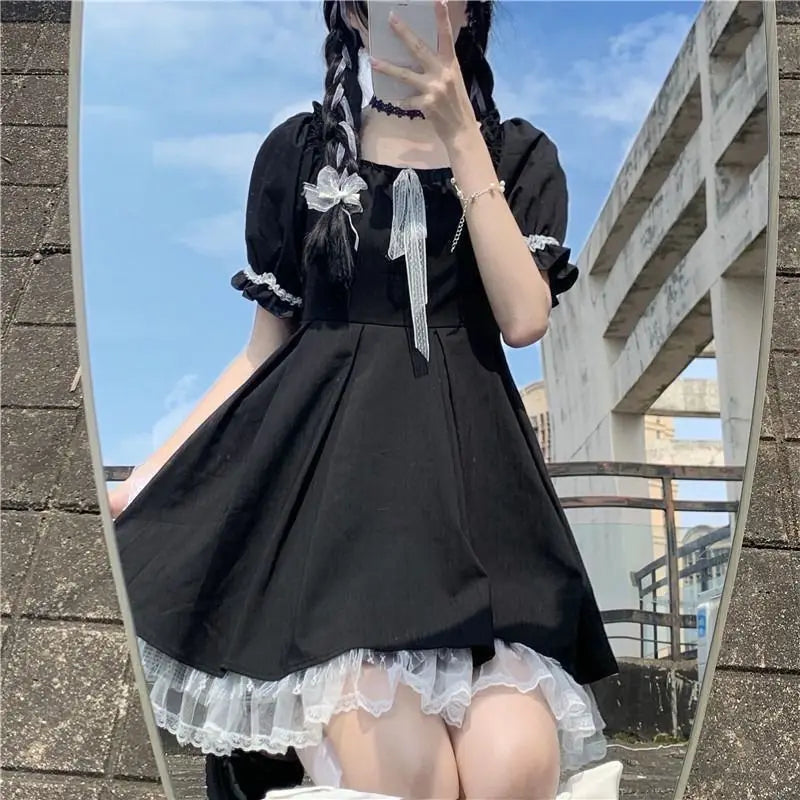 Gothic Lolita Dress Women Goth Cute Lace Black Puff Sleeve Short Dresses School