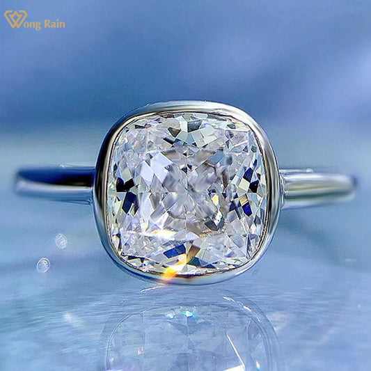 Wong Rain 18K Gold Plated 925 Sterling Silver Crushed Ice Cut 7*7 MM High Carbon Diamond Gemstone Ring Fine Jewelry Wholesale