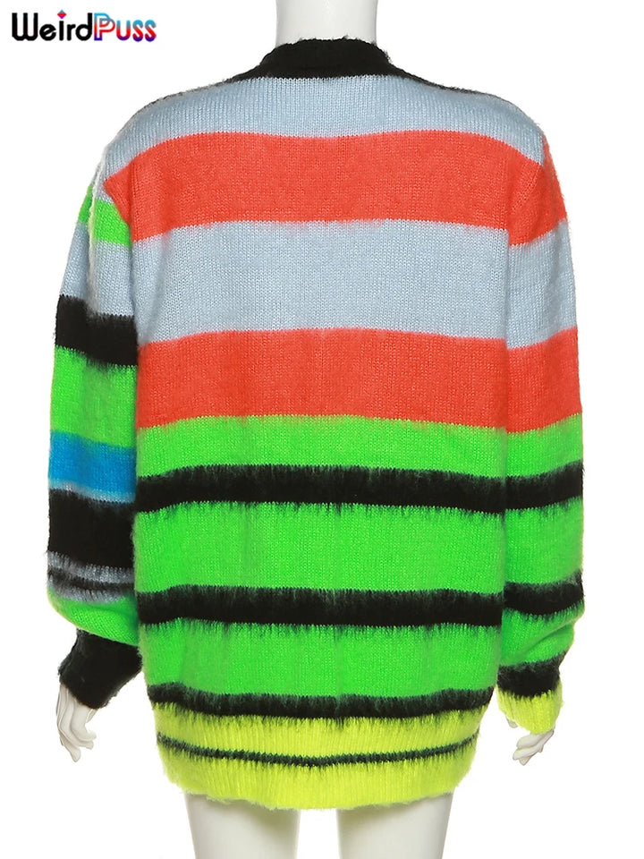 A rear view of a Maramalive™ 2022 Cardigan Sweater Y2K Women Button Contrast Color Patchwork V-Neck Lantern Sleeve Top Street Hipster Loose Coat featuring horizontal stripes in colors including red, light blue, green, black, and yellow. The "Maramalive™" logo is visible in the top left corner.