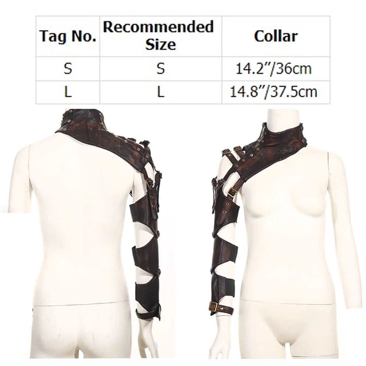 Two mannequins display a Maramalive™ Adult Steampunk Retro Leather Arm Sheath Armor Costume One Shoulder Faux Leather Corset Warmer Bolero Shrug Jacket Coffee, shown from the front and back. A size chart above indicates two sizes: S with a 14.2"/36cm collar and L with a 14.8"/37.5cm collar—perfect for adding an edgy touch to cosplay costumes or punk outfits.
