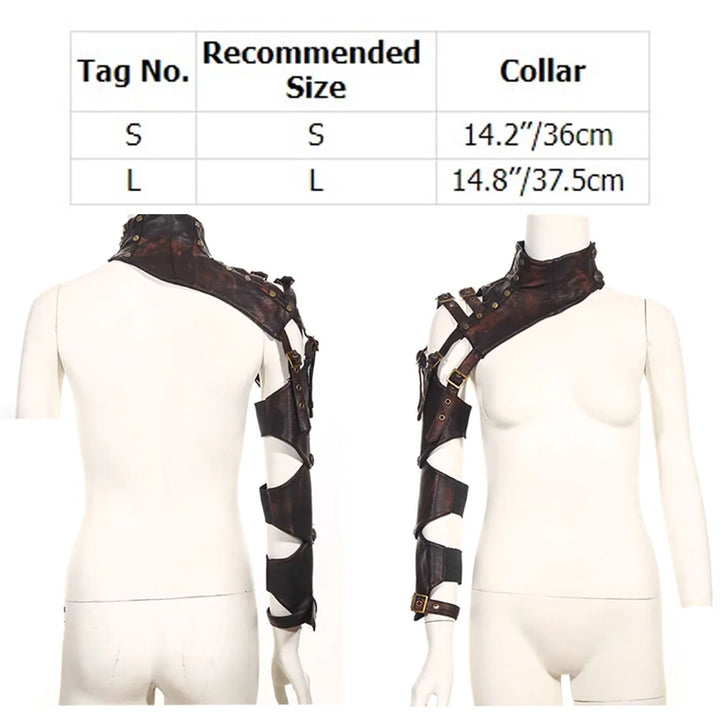 Two mannequins display a Maramalive™ Adult Steampunk Retro Leather Arm Sheath Armor Costume One Shoulder Faux Leather Corset Warmer Bolero Shrug Jacket Coffee, shown from the front and back. A size chart above indicates two sizes: S with a 14.2"/36cm collar and L with a 14.8"/37.5cm collar—perfect for adding an edgy touch to cosplay costumes or punk outfits.
