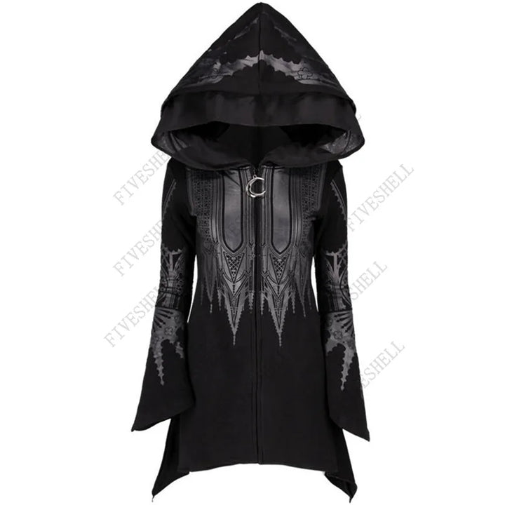 The Maramalive™ New Women Spring Autumn Gothic Hoodie Black Steampunk Printed Long Flare Sleeve Coat 2023 Y2k Sweatshirts For Female Streetweary features a pointed hood, ornate silver designs on the front, and bell sleeves. Perfect for cosplay women, it includes a zipper closure and metallic ring detail near the neck.