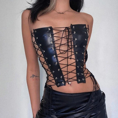 Sexy Gothic Women PU Leather Corsets Bustiers Lace-up Bandage Crown Girdle Slim Waist Back Zipper Strap Corset Tops Curve Shaper
