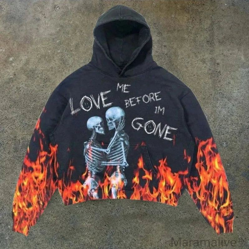 Explosions Printed Skull Y2K Retro Hooded Sweater Coat Street Style Gothic Casual Fashion Hooded Sweater Men's Female