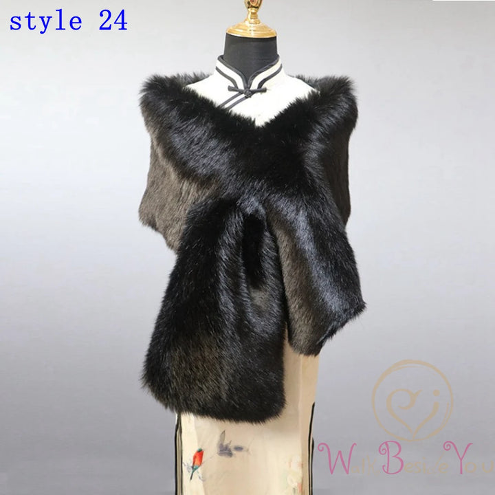 "Mannequin showcases elegant faux fur cape. Black