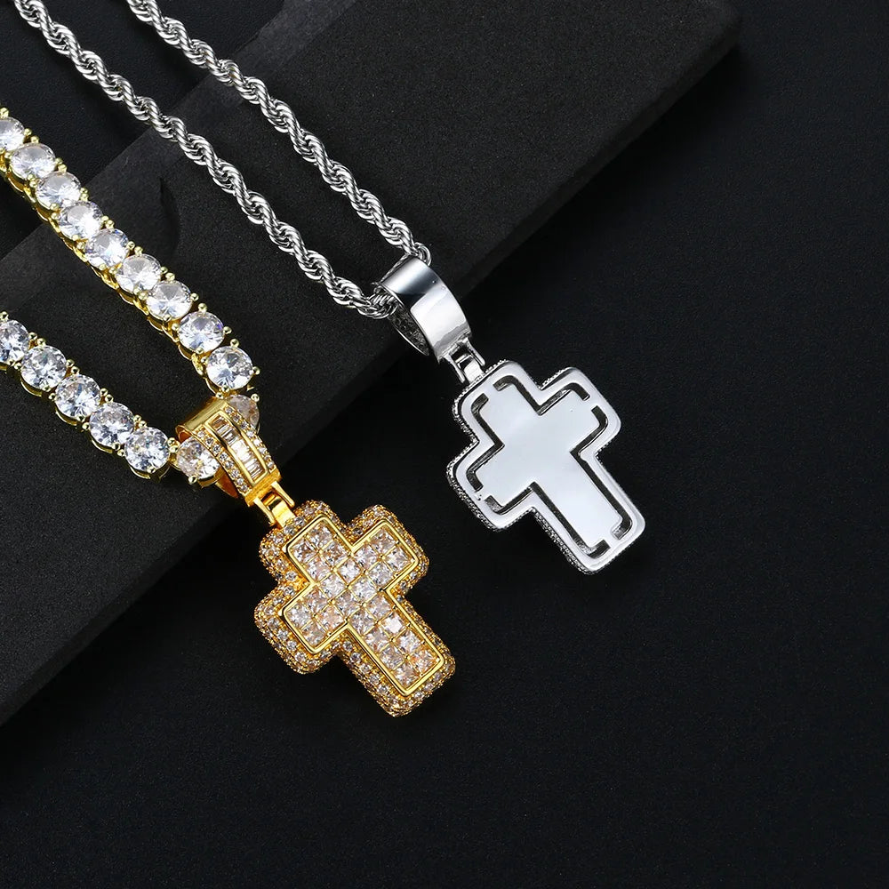 Hip Hop Iced Out AAA+ Cubic Zirconia Cross Pendant Necklace Rope Stainless Steel Chain on Neck Men Male Punk Rock Jewelry OHP155