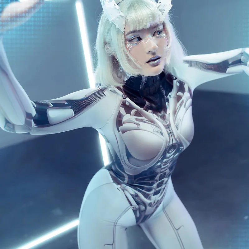 A woman in a futuristic, robotic costume poses against a background with neon lights. Her white hair flows beneath an intricate headpiece, and she dons the Maramalive™ Goth Dark 3D Printed Cosplay Bodycon Jumpsuits Y2k Techwear Long Sleeve Gothic Punk Playsuits Anime Women Mock Neck Zip Bodysuit.