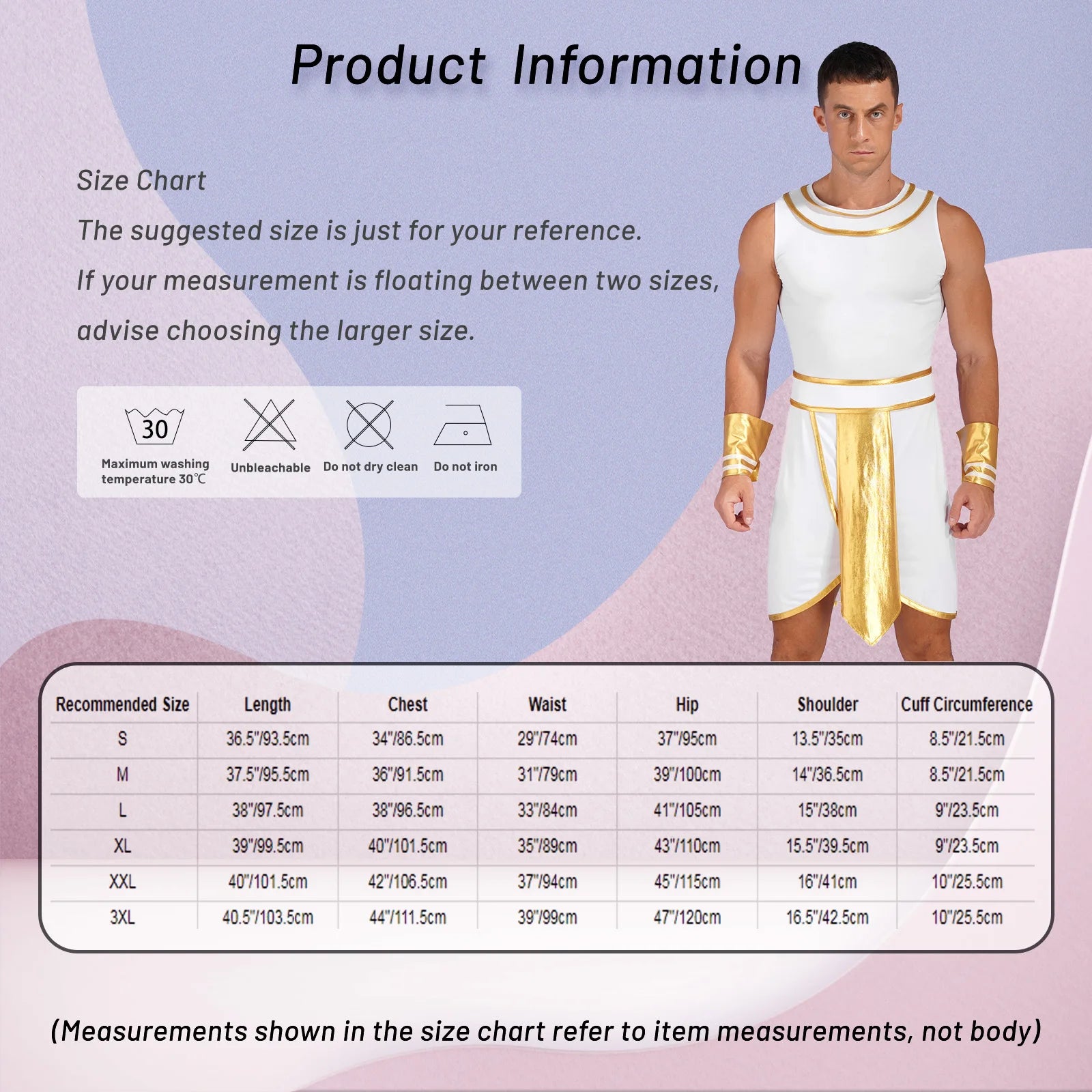 A man in a white and gold costume stands beside a size chart for this Medieval-inspired outfit, detailing measurements for various sizes in centimeters and inches. Laundry icons indicate washing instructions. Perfect for Maramalive™ Adults Men's Ancient Egypt Costume Halloween Greek Roman Toga Cosplay Dress One Shoulder Strap Suspender Ruffle Skirt Dress Up or those looking to recreate their favorite Movie & TV characters.