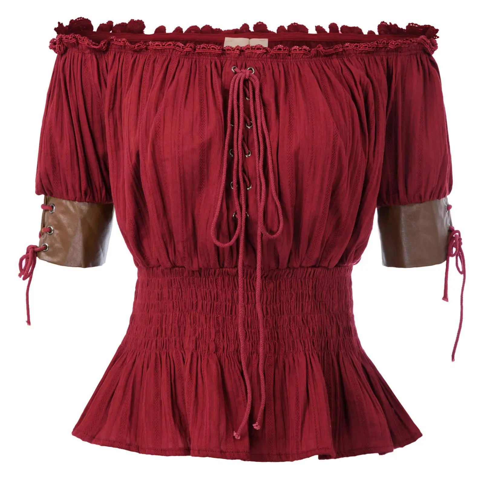 Red Medieval Women's Vintage Blouse Retro Steampunk Top Victorian Half Sleeve Off Shoulder Shirts Sweet Loose Clothes Female with cinched waist, lace-up front, and brown leather sleeve panels by Maramalive™. Perfect for medieval costumes or as a unique addition to women's tops collections.