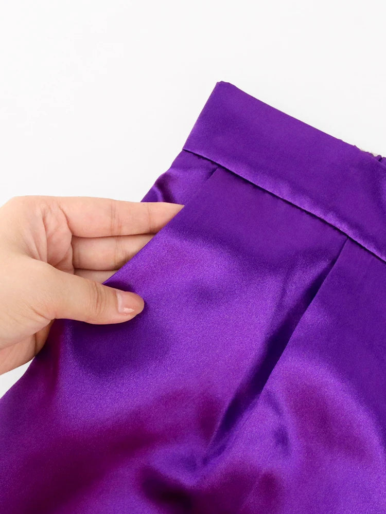 Women Pants High Elastic Waist Purple Summer Office Lady Work Casual Pencil Capris with Pockets Shiny Trousers for Woman 4XL