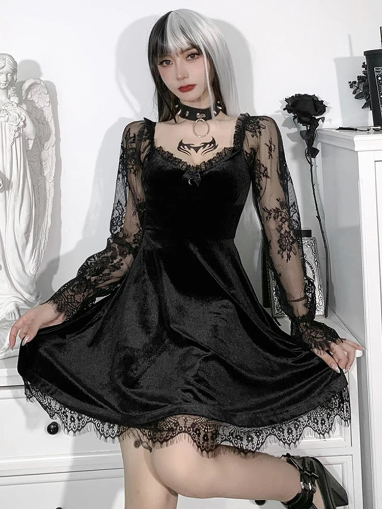 Black Gothic Lolita Style Dress for Women Lace Trim High Waist Bodycon Vestidos E-girl 90s Vintage Punk Grunge Clothes