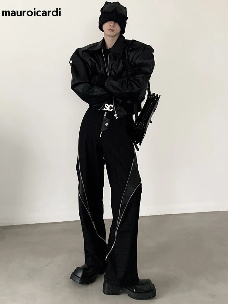 Cool Handsome Short Oversized Black Pu Leather Jacket Men with Shoulder Pads Long Sleeve Zipper 2023