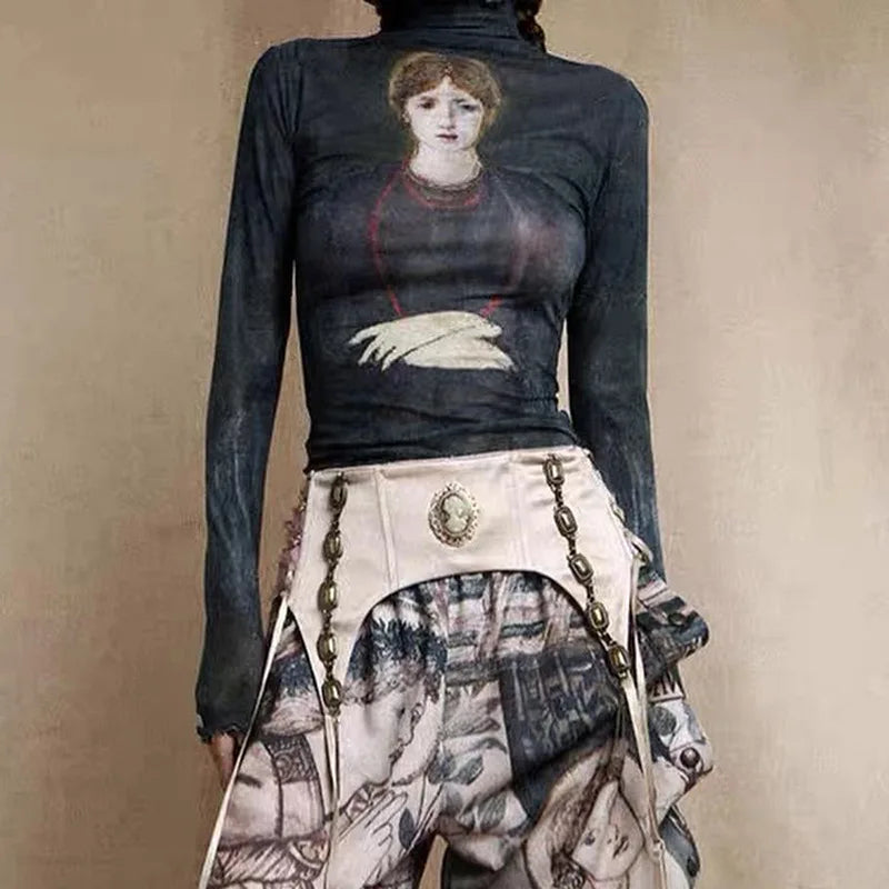 Y2k Vintage Streetwear Mesh T-shirt Women Dark Goth Oil Painting Print Long Sleeve Bodycon Tee Tops Emo Alt Outfit Femme