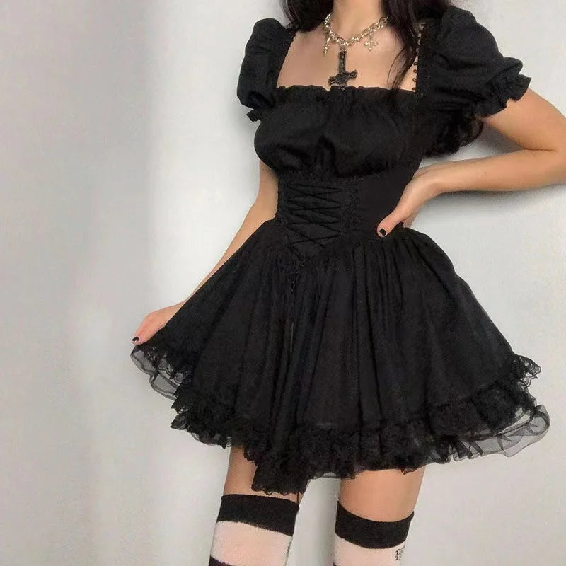 Lolita Black Dress Goth Aesthetic Puff Sleeve High Waist Vintage Bandage Lace Trim Party Gothic Clothes Summer Dress Woman 2024