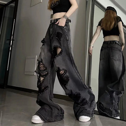 Vintage High Waist Denim Pants Ripped Jeans Women Fashion Loose Wide Leg Straight Pants Y2k Washed Streetwear Female