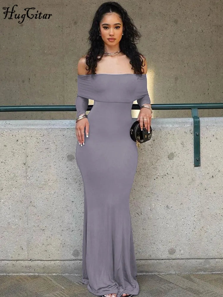 Slash Neck Long Sleeve Solid Elegant Sexy Slim Bodycon Maxi Prom Dress 2023 Summer Women Y2K Wedding Party Goth Clothes