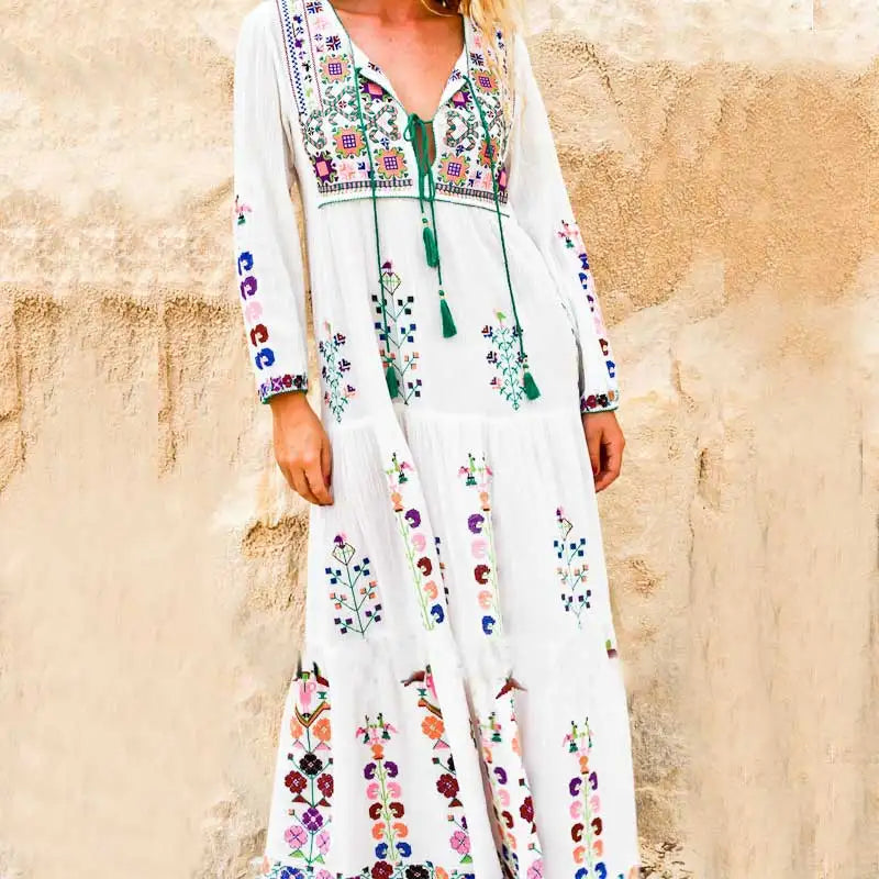 Boho Inspired floral embroidered long Sleeve white dress women V-neck tassel boho dress maxi chic style dress gypsy vestido 2020