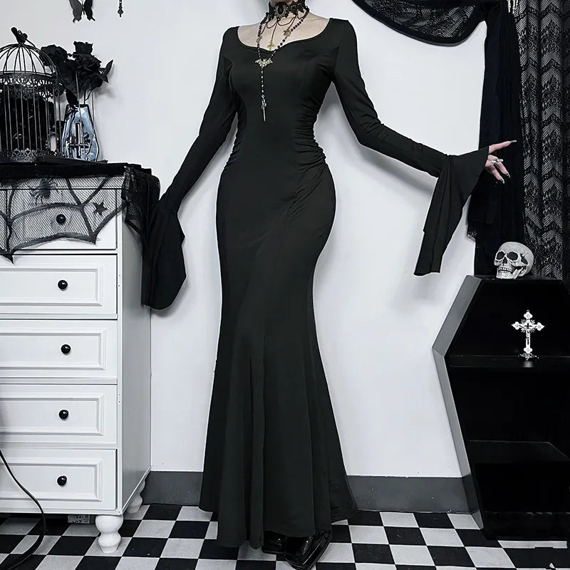 Halloween Gothic Dark Party Dress Women Aesthetic Vintage Elegant Nightclub Long Sleeve High Waist Trumpet Dress Female