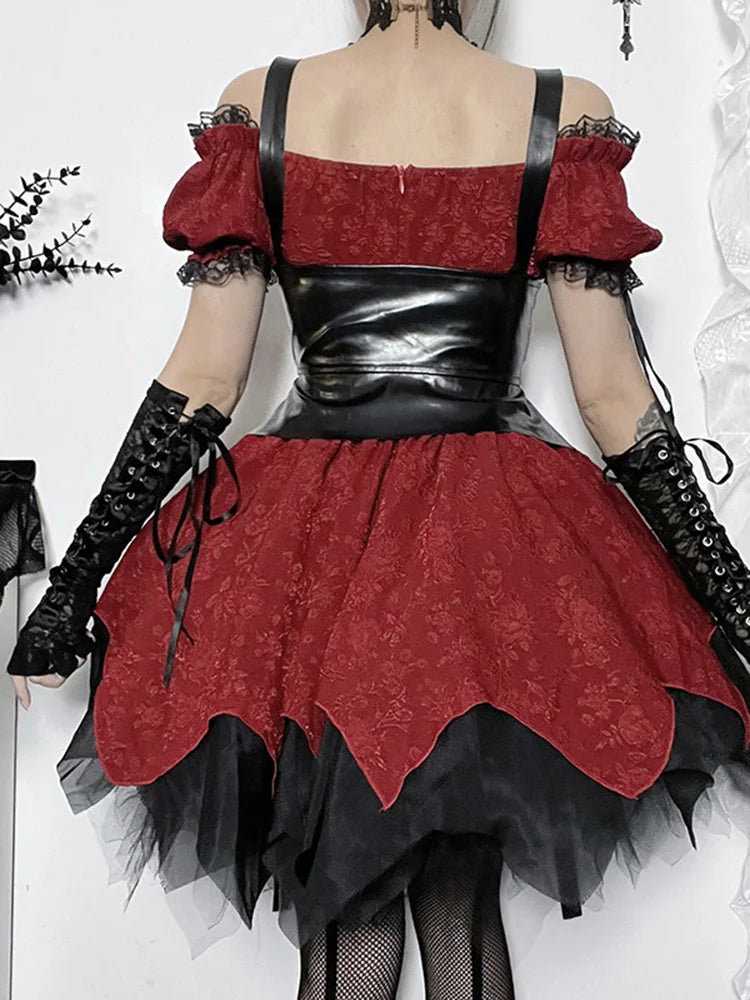 Model wearing a Victorian Gothic black and red lace dress, puffed sleeves. With a corset on top